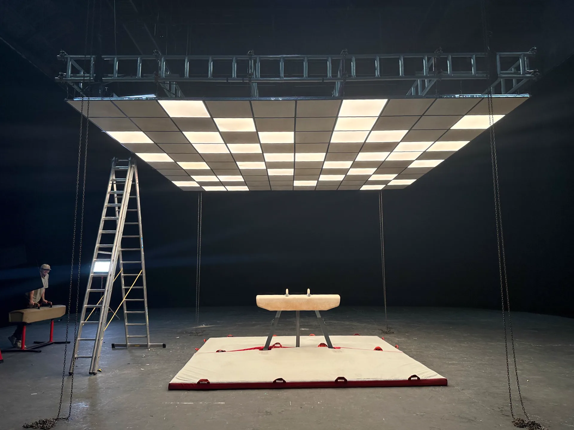 Behind-the-scenes photo of the practical Backrooms set build