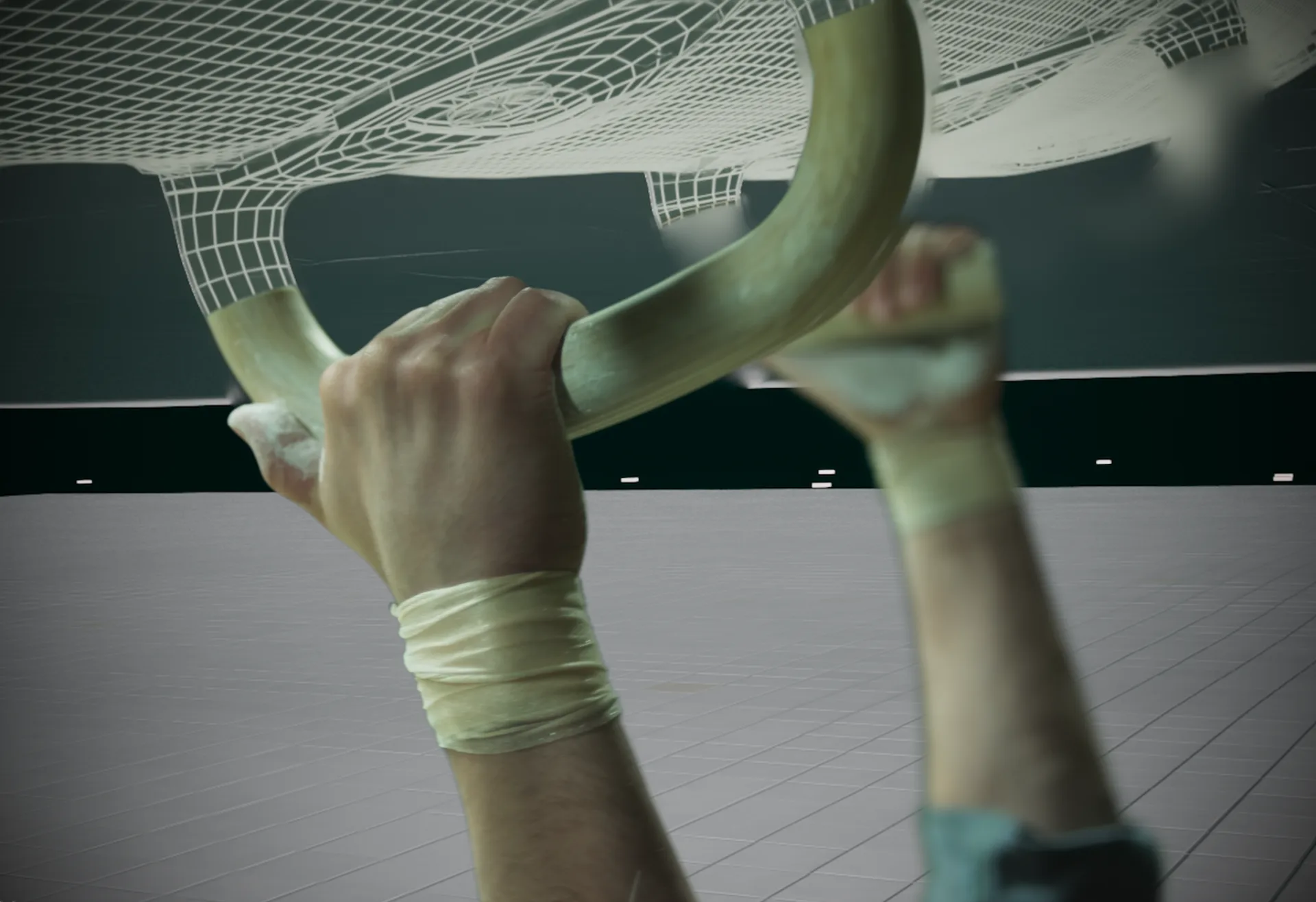 Wireframe view of the digital double's hands in close-up